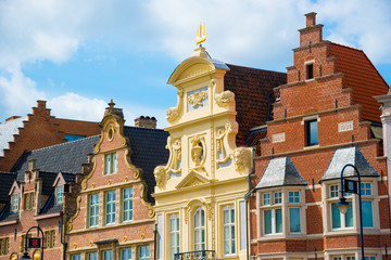 Obraz premium Historical street and buildings painted with vivid colors, Ghent, Belgium