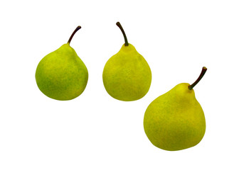Three fresh green pears. Group of juicy ripe fruits isolated on white background with clipping path