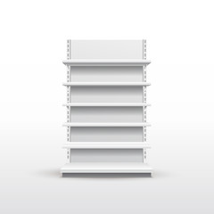 White empty store shelves. Retail shelf rack. Showcase display. Mockup template ready for your design. Vector illustration. Isolated on white background