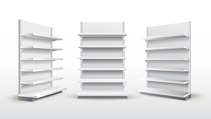 Set of white empty store shelves. Retail shelf rack. Showcase display. Mockup template ready for your design. Vector illustration. Isolated on white background