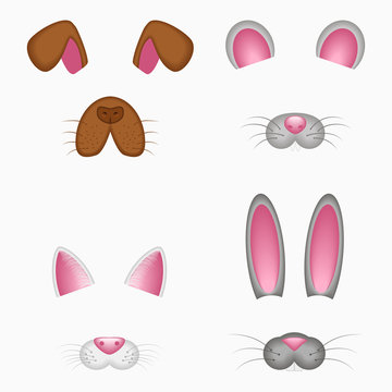 Animal face elements - ears and nose. Dog, mouse, cat, bunny, rabbit or hare. Selfie photo and video chart filter with cartoon animals mask. Vector illustration.