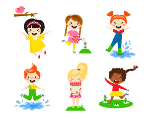 Kids play enjoy spring arrival warm summer little characters happy playing vector illustration.