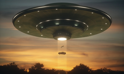UFO Alien Abduction. Man and his car floating to inside of alien ship. © ktsdesign
