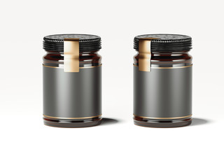 Two dark jars with golden labels. 3d rendering