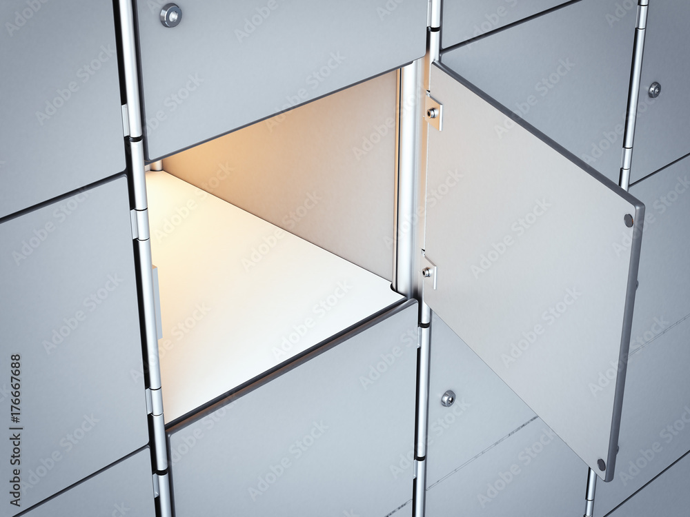 Poster opened white empty safe box. 3d rendering