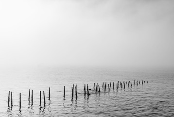 Abandoned pier in atlantic coast beach in foggy day
