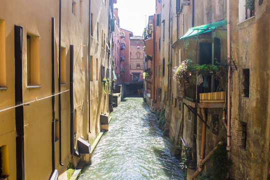 The Canale delle Moline, one of the remaining canals of the city of Bologna, Italy