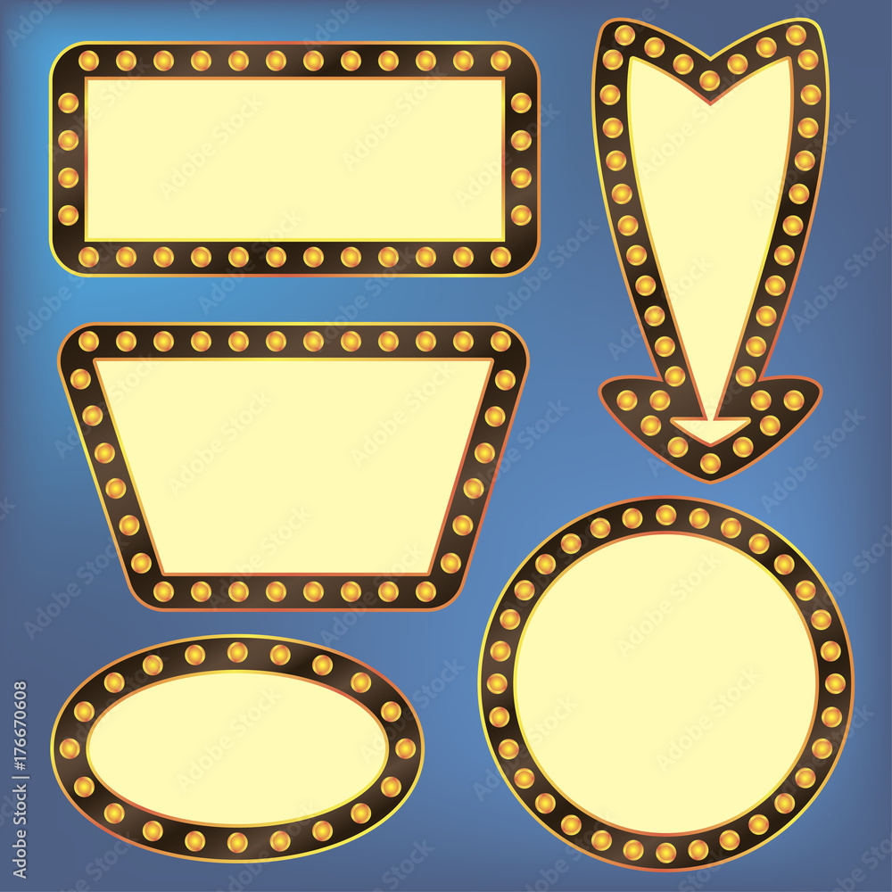 Poster retro frames with light bulbs. electric illuminated signboard. vector illustration.