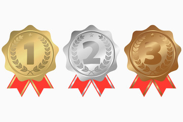 Gold, silver and bronze medals with ribbon, star and laurel wreath. First, second and third place awards. Vector illustration.