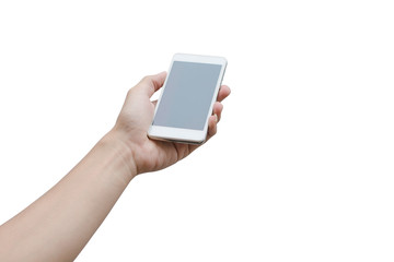 Man hand holding the white smartphone isolated on white with clipping path.