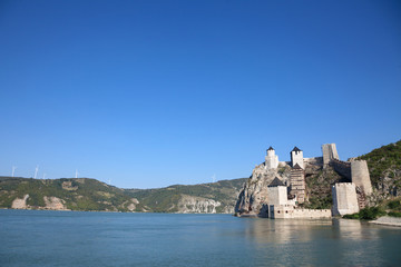 Fototapeta na wymiar Golubac Fortress (Golubacka trvdjava, or Goluback Grad) taken during a sunny afternoon. The Golubac Castle was a medieval fortified town on the Danube River, downstream from current city of Golubac