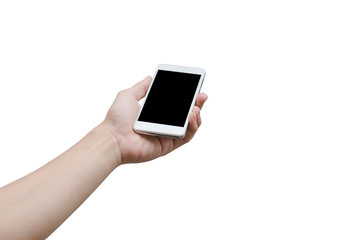 Man hand holding the white smartphone isolated on white with clipping path.
