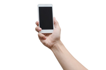 Man hand holding the white smartphone isolated on white with clipping path.
