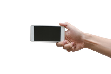 Man hand holding the white smartphone isolated on white with clipping path.