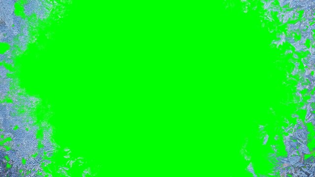 Beautiful window freezing animation from borders to center, timelapse frost forming transition, natural crystal icing, isolated on green chroma key background matte, alpha channel.