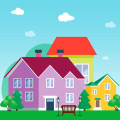 City outdoor day landscape house and street buildings outdoor cityspace disign vector illustration modern flat background