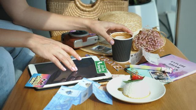Travel Tourism Concept. Hipster Woman Using Tablet With Coffee On Vacation. Closeup. Slow Motion. 4K. 