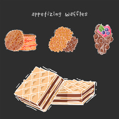 Different wafer cookies waffle cakes pastry cookie biscuit delicious snack cream dessert crispy bakery food vector illustration
