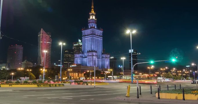Night traffic next to Palace of Culture and Science, Warsaw Time Lapse