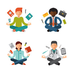 Lotus position yoga pose meditation art relax people relax isolated on white background design concept character happiness vector illustration.