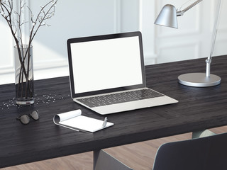 Laptop on the black wooden table. 3d rendering
