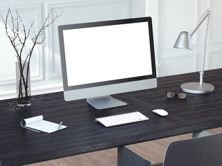 Modern computer on the black wooden table. 3d rendering