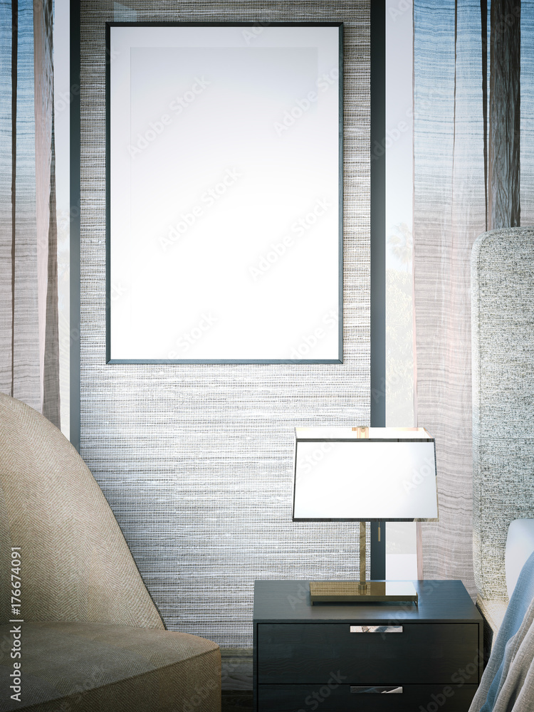 Poster meeting room with a large table and chairs. 3d rendering