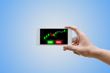 Forex concept, hand man using smartphone trading with virtual screen.