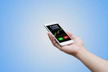 Forex concept, hand man using smartphone trading with virtual screen.