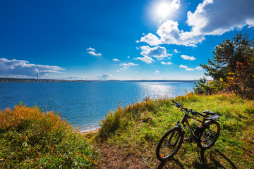 Fototapeta premium Autumn landscape with a Bicycle. Ob reservoir, Novosibirsk region, Berdsk, Siberia, Russia
