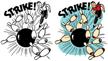 A man bowls a perfect strike in a bowling alley