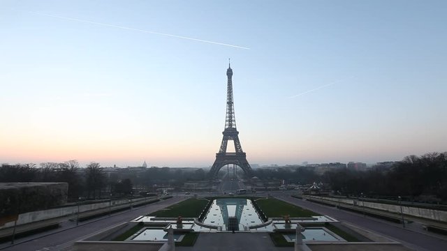 Eiffel tower in the morning winter light before sunrise viewed from Trocadero, famous landmark, symbol of Paris