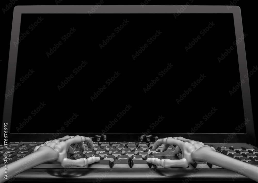 Fototapete view of two skeleton hands typing on a keyboard in front of a blank computer screen ready for someon