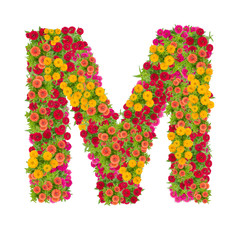 Letter M alphabet made from zinnia flower ABC concept type as logo.Typography design with clipping path