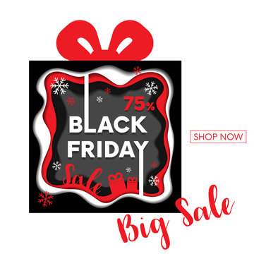 Black Friday shopping big sale 75% in abstract multi layers including white, red, grey colors papercut art and craft style poster concept design with gift box and snowflakes. Vector Illustration