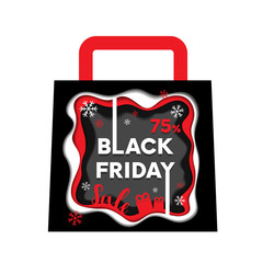 Black Friday sale 75% in abstract multi layers including white, red, grey colors papercut art and craft style poster concept design with little gift boxes in shopping bag. Vector Illustration