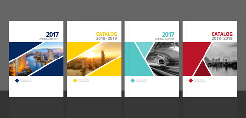 Cover design for annual report and business catalog, magazine, flyer or booklet blue, yellow, red, and green colors. Brochure template layout. A4 cover vector EPS-10 sample image with Gradient Mesh.