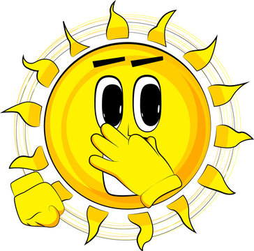 Cartoon happy sun holding his nose because of a bad smell. Expression cartoon vector.