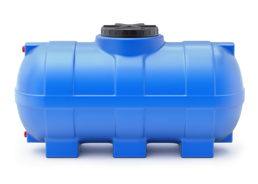Blue plastic water cistern on white background