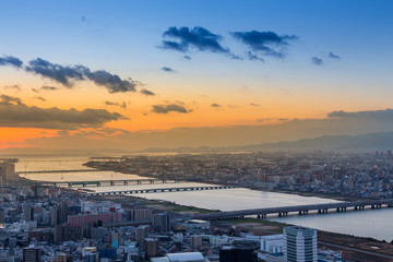 Sunset over Osaka city central business downtown skyline, Japan