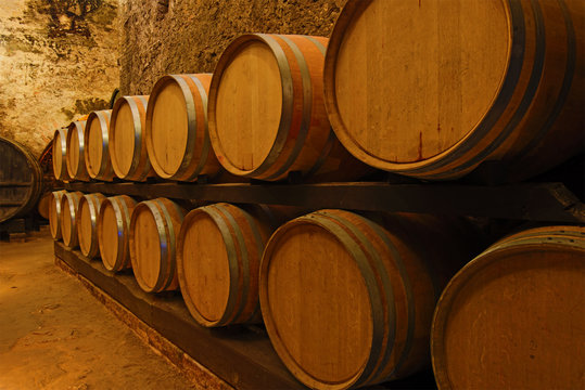 Barrels of young wine in an old wine cellar. Tuscany, Italy