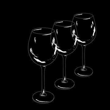 Outlines of three wine glasses lined up in a row on black background.Vector illustration