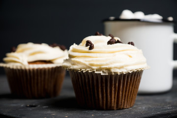 Cupcakes on the rustic wooden background. Shallow depth of field.