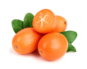 Cumquat or kumquat with leaf isolated on white background close up