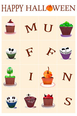 Holiday set of different muffins leaflet. Autumn Halloween concept creative vector illustration.