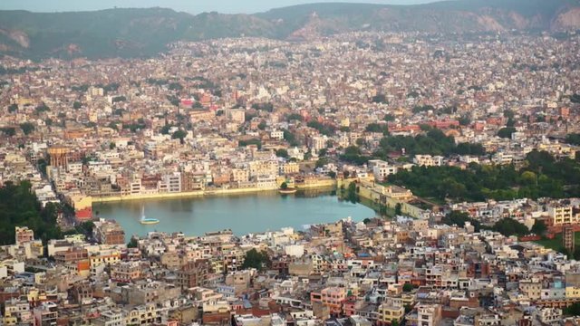 Jaipur city shot from the Nahargarh fort, show the famous govind dev temple and lake, the old walled city and many more of the famous easily identifiable landmarks