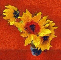 Obrazy  sunflower flower in small clear glass isolated on white digital painting. imitation of the style of Van Gogh