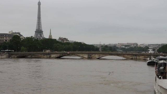 Flood of the Seine river in Paris reaches six meters above normal levels near Eiffel Tower, France