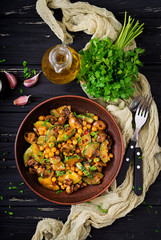 Vegan stir fry of mushrooms, zucchini and chickpea