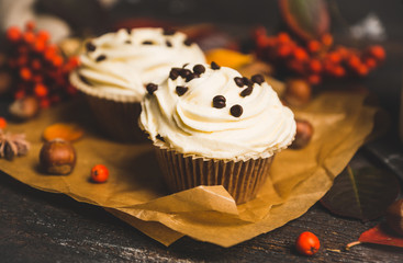 Cupcakes with autumn decorations on the rustic wooden background. Shallow depth of field. Toned image.